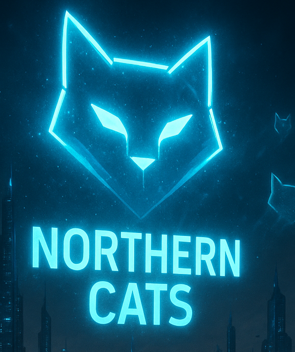 Cinematic sci-fi advertisement concept for Northern Cats AI marketing, featuring a futuristic skyline, holographic cat logos, and a glowing smartphone app interface.